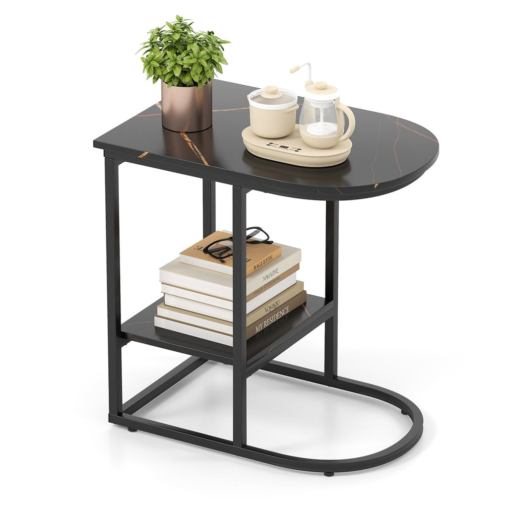 C-shaped Modern Sofa Side Table with Faux Marble Tabletop and Storage Shelf-Black