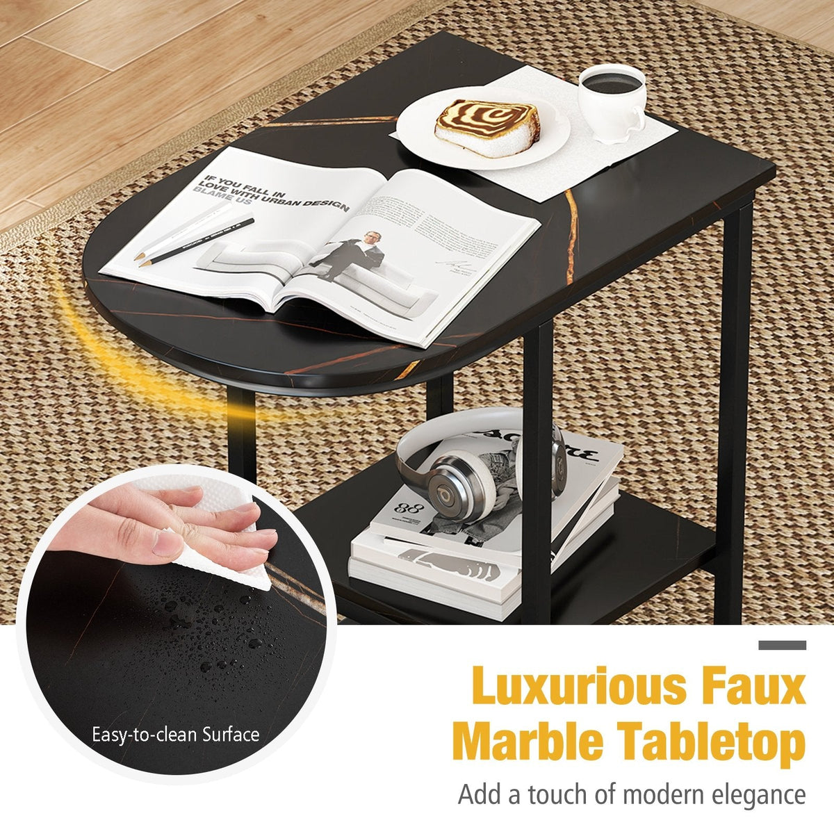 C-shaped Modern Sofa Side Table with Faux Marble Tabletop and Storage Shelf-Black