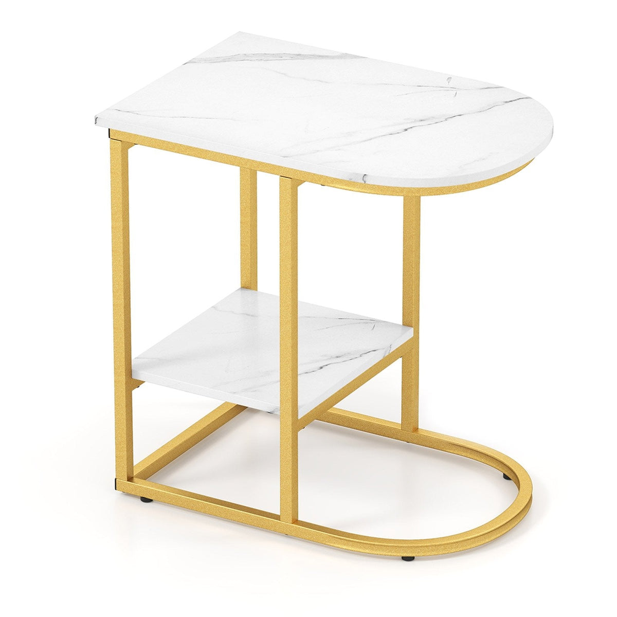 C-shaped Modern Sofa Side Table with Faux Marble Tabletop and Storage Shelf-White