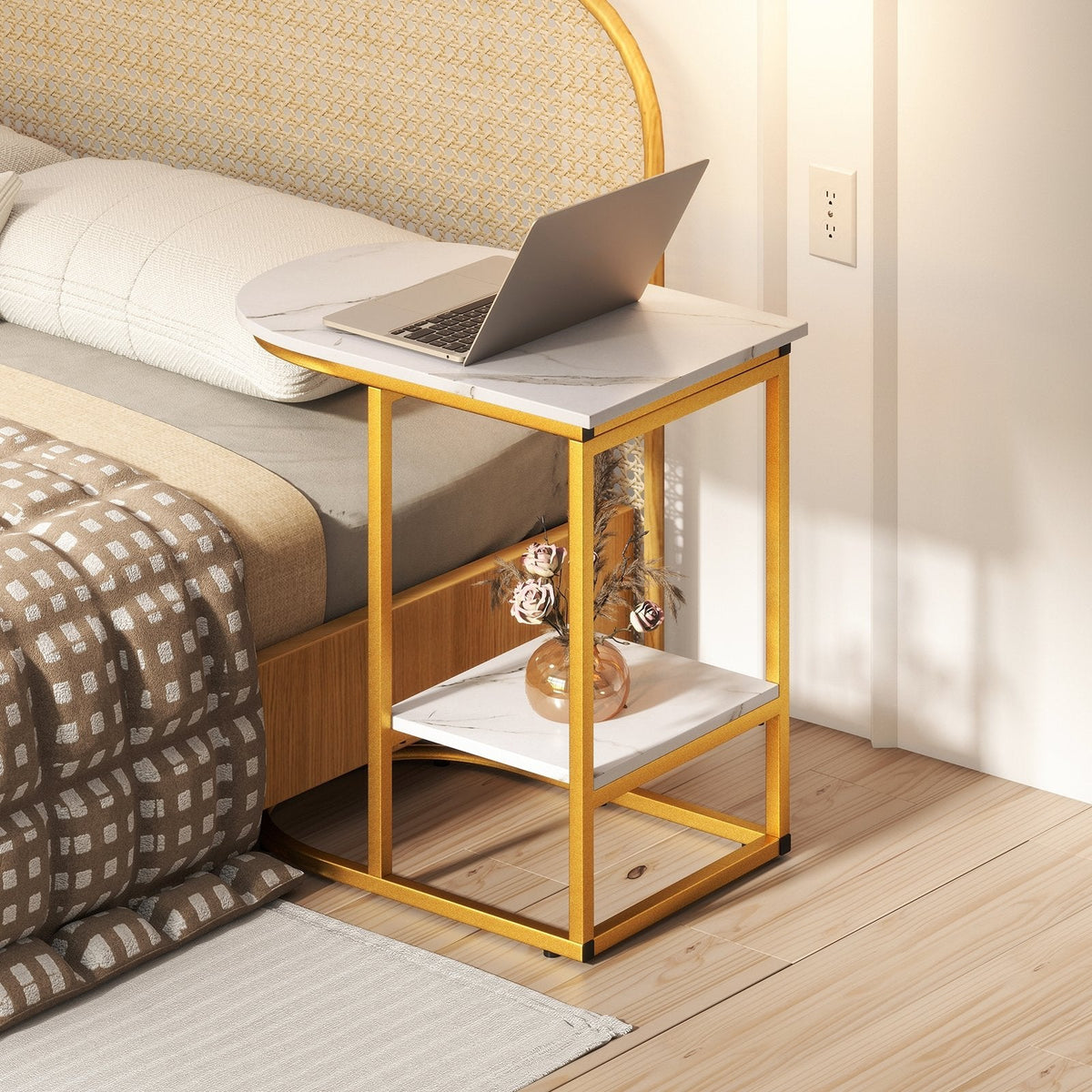 C-shaped Modern Sofa Side Table with Faux Marble Tabletop and Storage Shelf-White