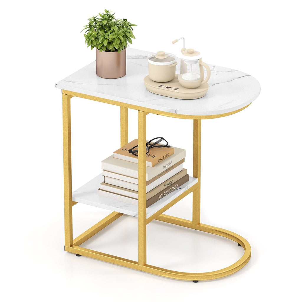 C-shaped Modern Sofa Side Table with Faux Marble Tabletop and Storage Shelf-White