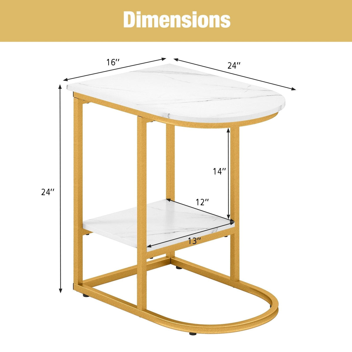 C-shaped Modern Sofa Side Table with Faux Marble Tabletop and Storage Shelf-White