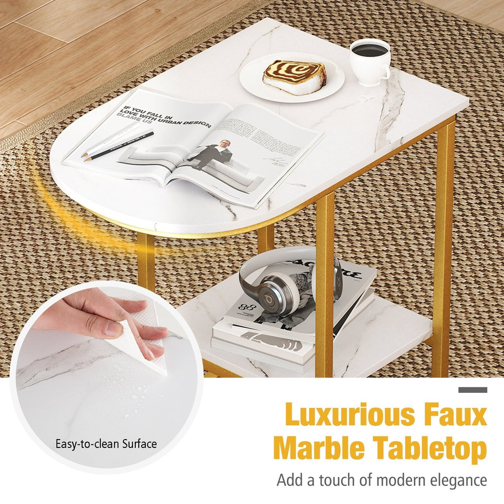 C-shaped Modern Sofa Side Table with Faux Marble Tabletop and Storage Shelf-White