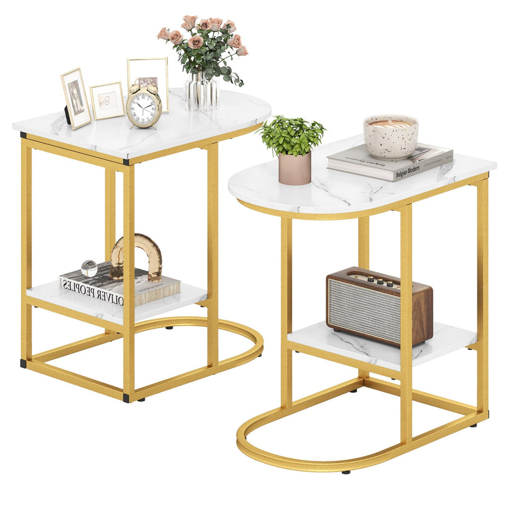 C-shaped Modern Sofa Side Table with Storage Shelf Faux and Marble Tabletop-White