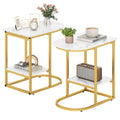 C-shaped Modern Sofa Side Table with Storage Shelf Faux and Marble Tabletop-White