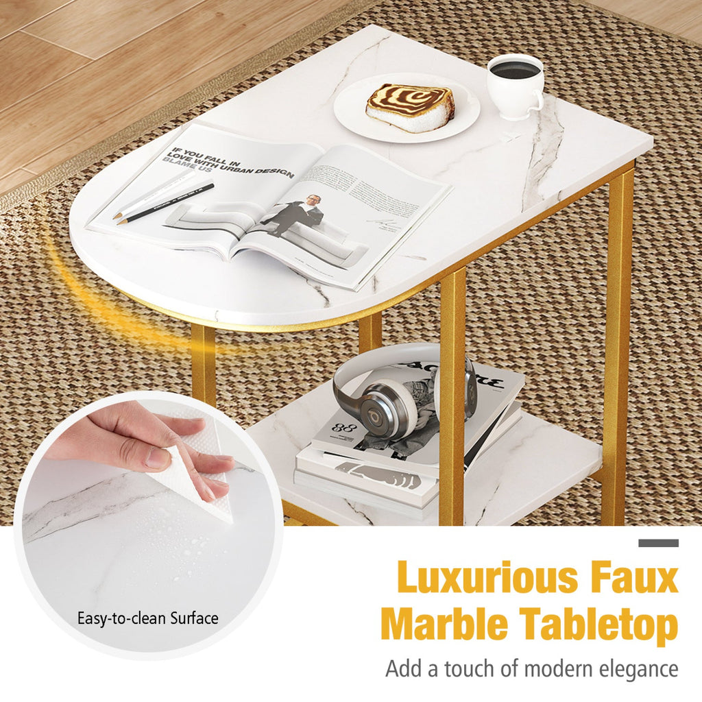 C-shaped Modern Sofa Side Table with Storage Shelf Faux and Marble Tabletop-White