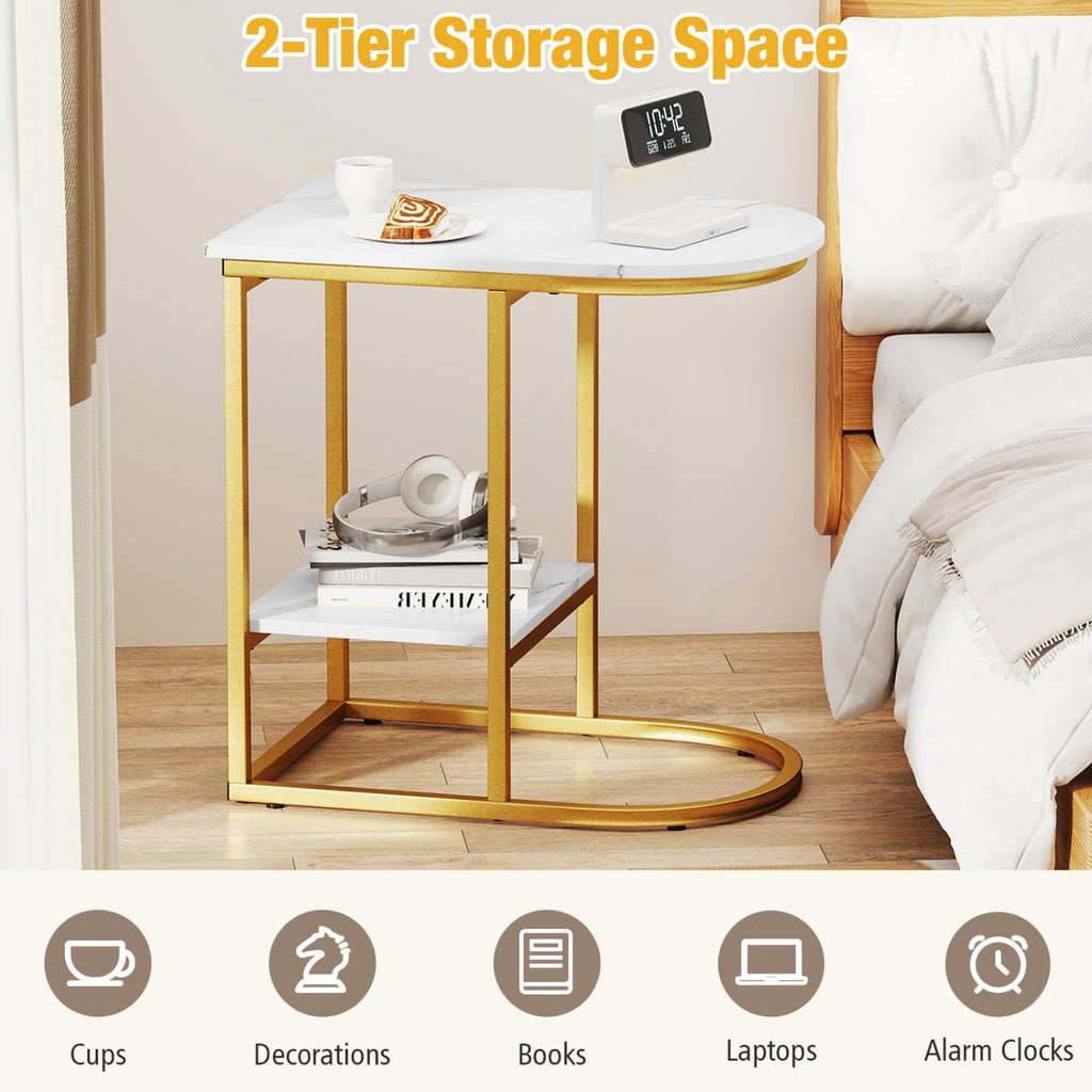 C-shaped Modern Sofa Side Table with Storage Shelf Faux and Marble Tabletop-White