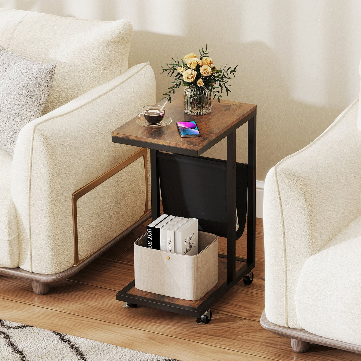 C-shaped Side Table with Canvas Storage Pouch and Metal Frame-Borwn
