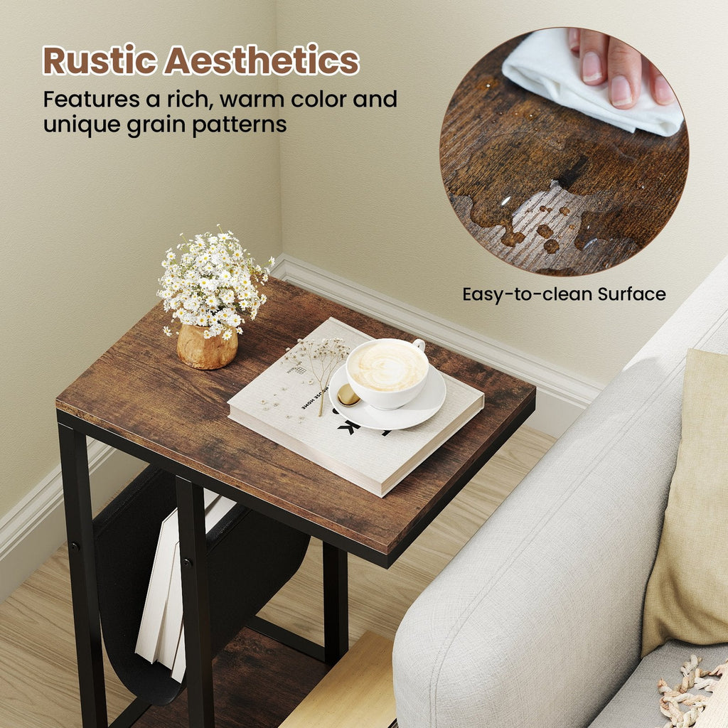 C-shaped Side Table with Canvas Storage Pouch and Metal Frame-Borwn