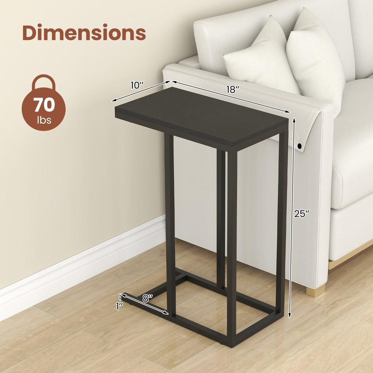 C-shaped Side Table with Heavy-duty Metal Frame-Black