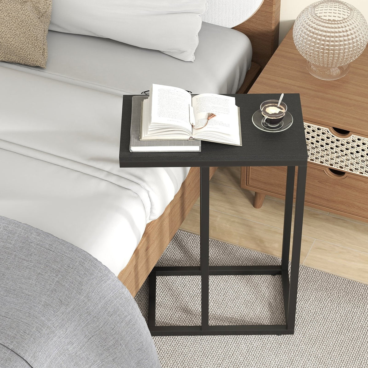 C-shaped Side Table with Heavy-duty Metal Frame-Black