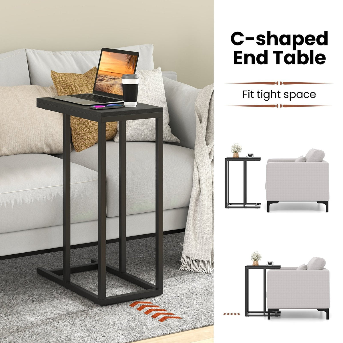 C-shaped Side Table with Heavy-duty Metal Frame-Black