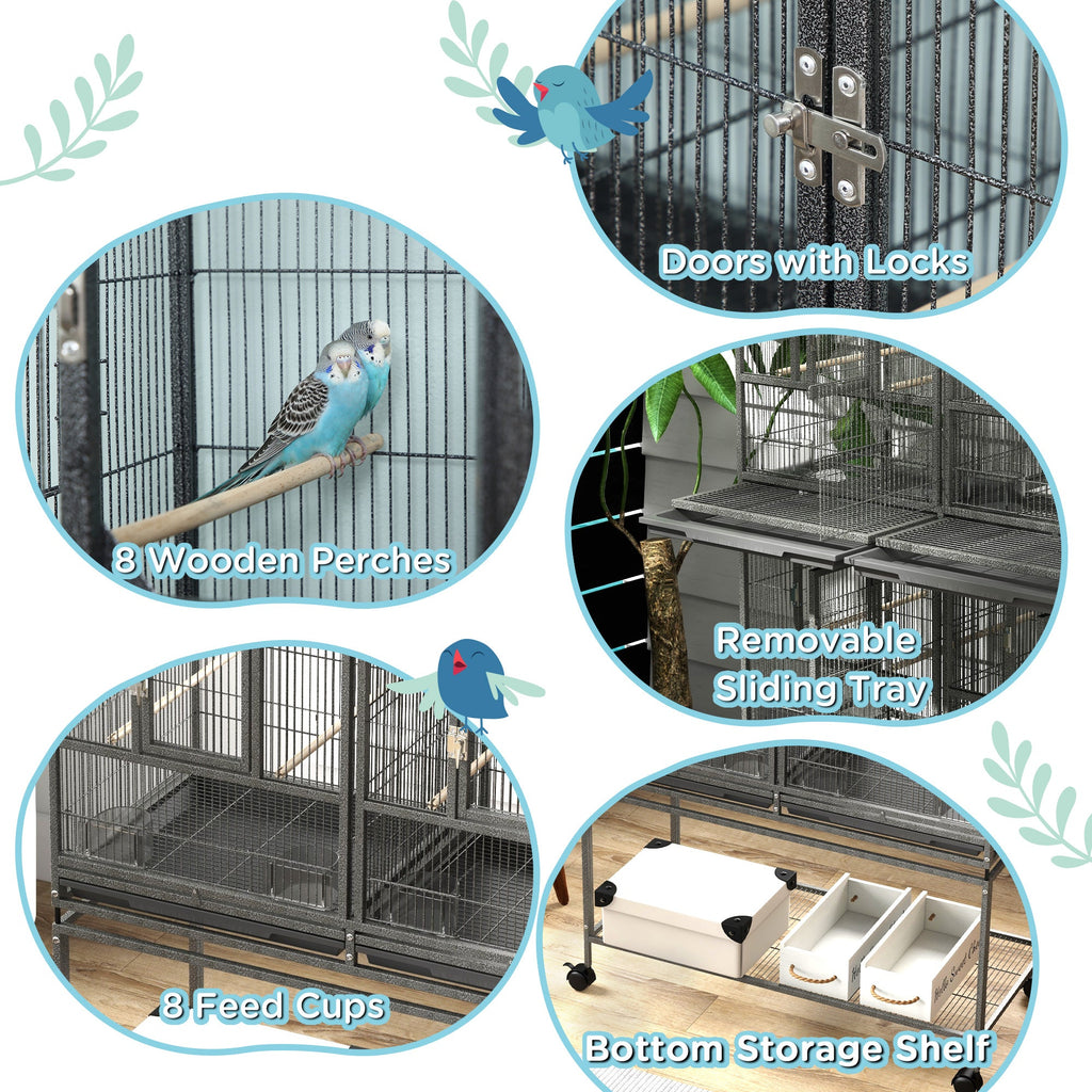 61"H Divided Breeder Bird Cage with Rolling Stand Removable Metal Tray, Storage Shelf, Wood Perch, and Food Container, Dark Grey