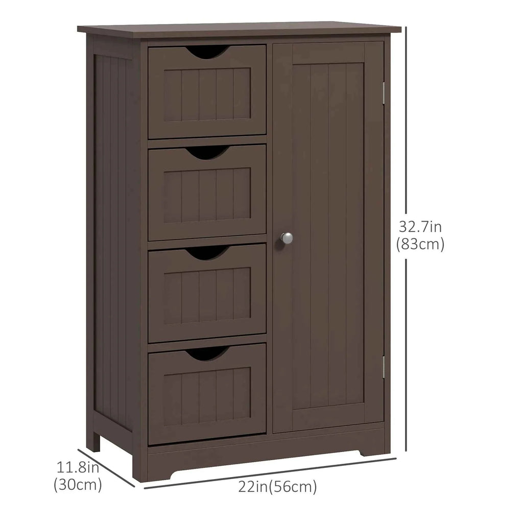 Brown Bathroom Storage Cabinet – Freestanding Floor Cabinet with 4 Drawers & Adjustable Shelf (United States & Canada Delivery Only)
