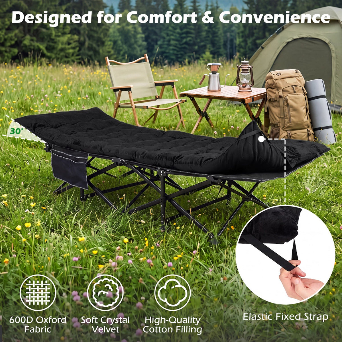 Camping Cot for Adults with Soft Padded Mat and Carrying Bag-Black