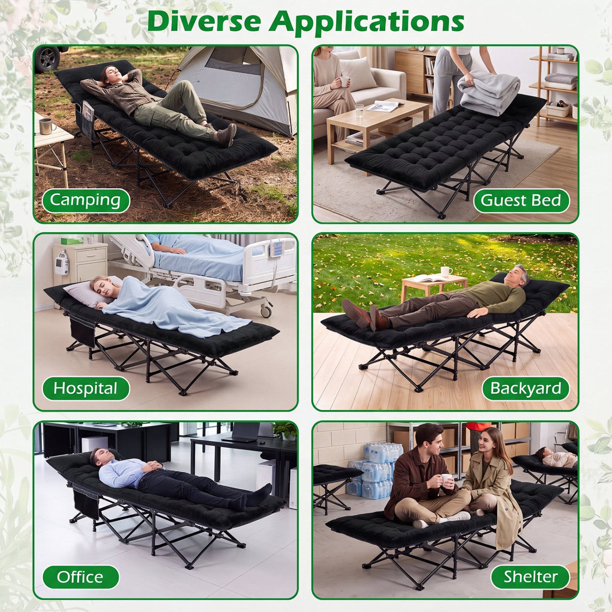 Camping Cot for Adults with Soft Padded Mat and Carrying Bag-Black