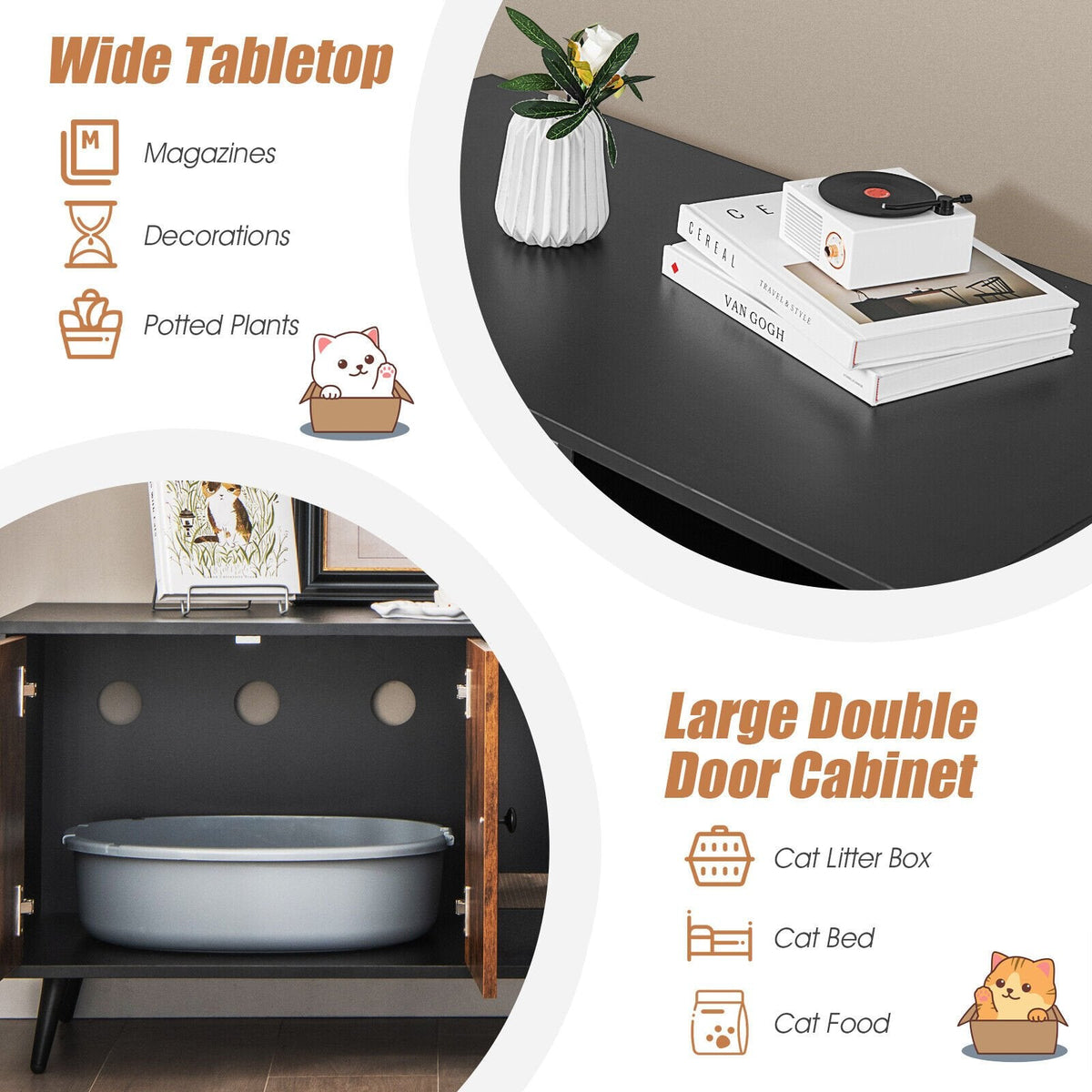 Cat Litter Box Enclosure with Double Door Cabinet
