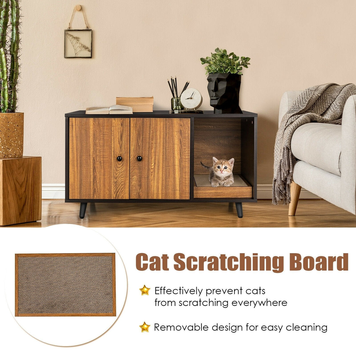 Cat Litter Box Enclosure with Divider and Double Doors-Brown