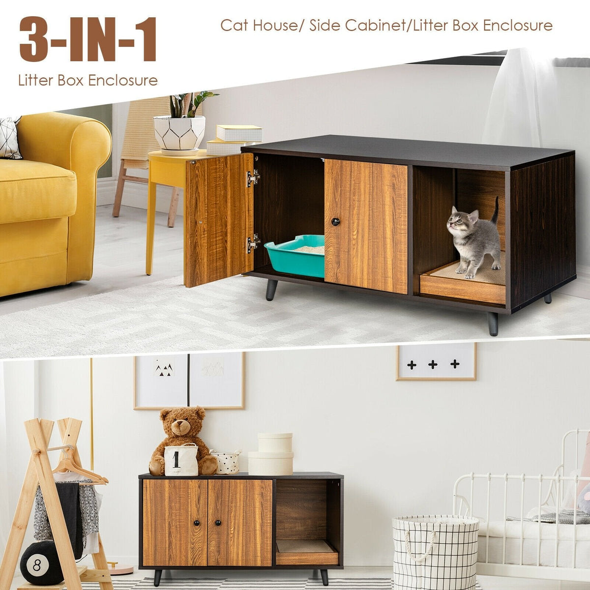 Cat Litter Box Enclosure with Divider and Double Doors-Brown