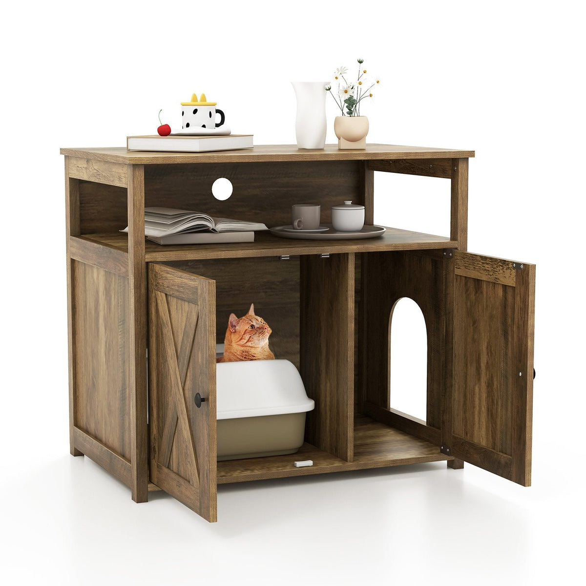 Cat Litter Box Enclosure with Double Barn Doors, Divider, Side Entry and Storage Shelf