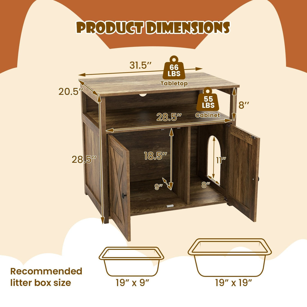 Cat Litter Box Enclosure with Double Barn Doors, Divider, Side Entry and Storage Shelf
