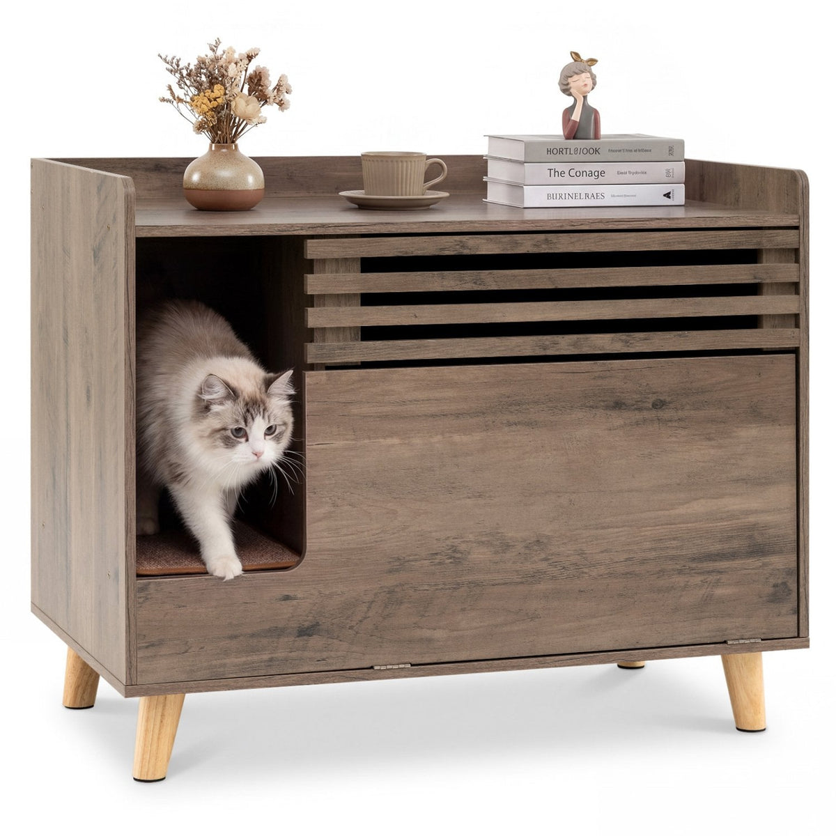 Cat Litter Box Enclosure with Flip-down Opening Door and Scratching Mat-Brown
