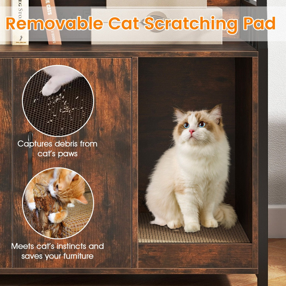Cat Litter Box Enclosure with Storage Shelves and Scratching Pad-Rustic Brown