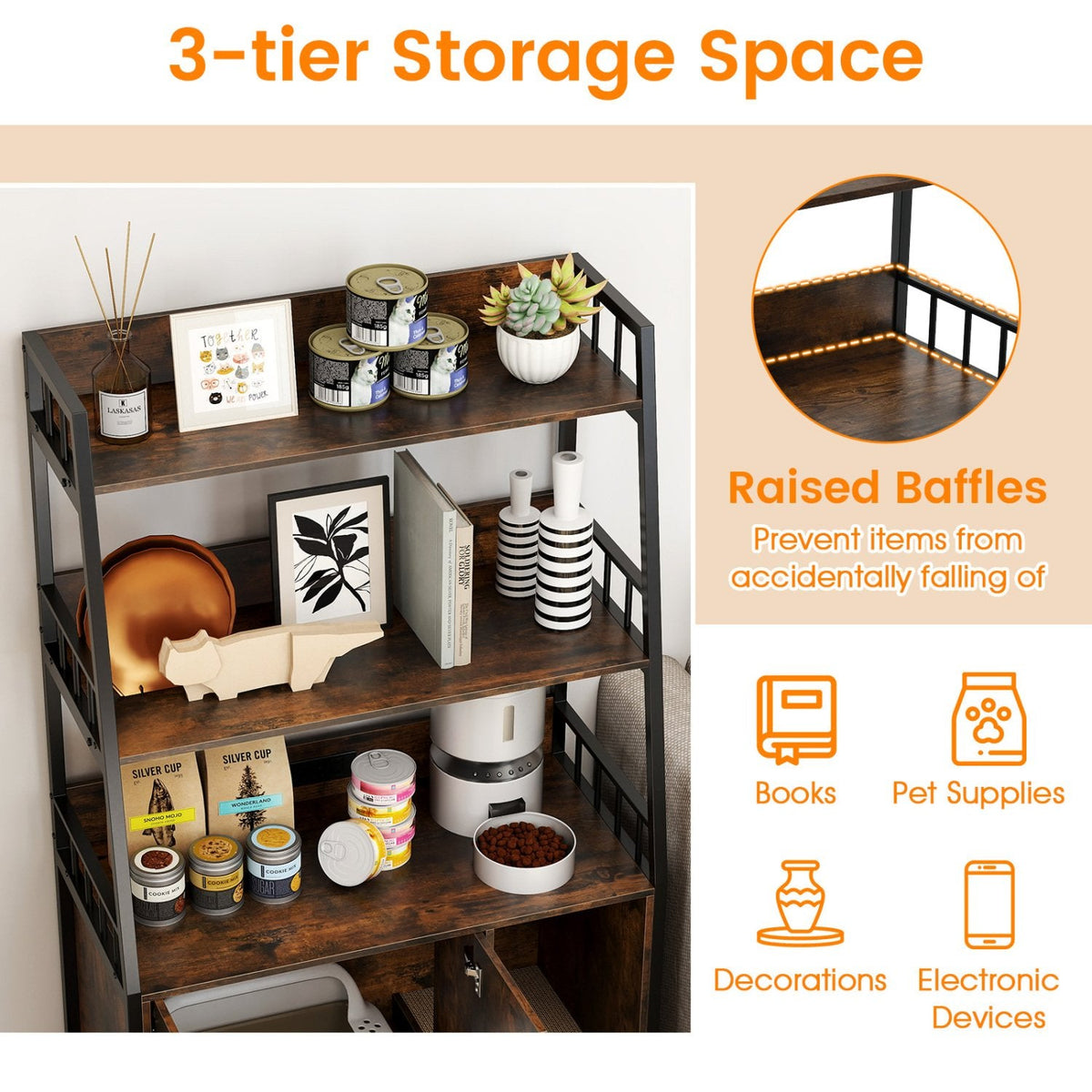 Cat Litter Box Enclosure with Storage Shelves and Scratching Pad-Rustic Brown