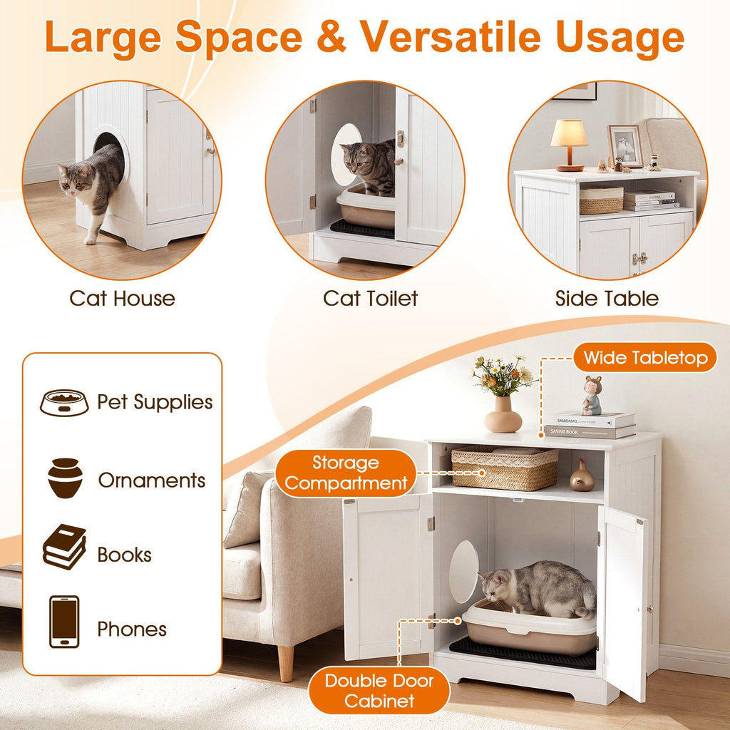 Cat Litter Box Enclosure Wooden Hidden Pet Washroom Furniture-White