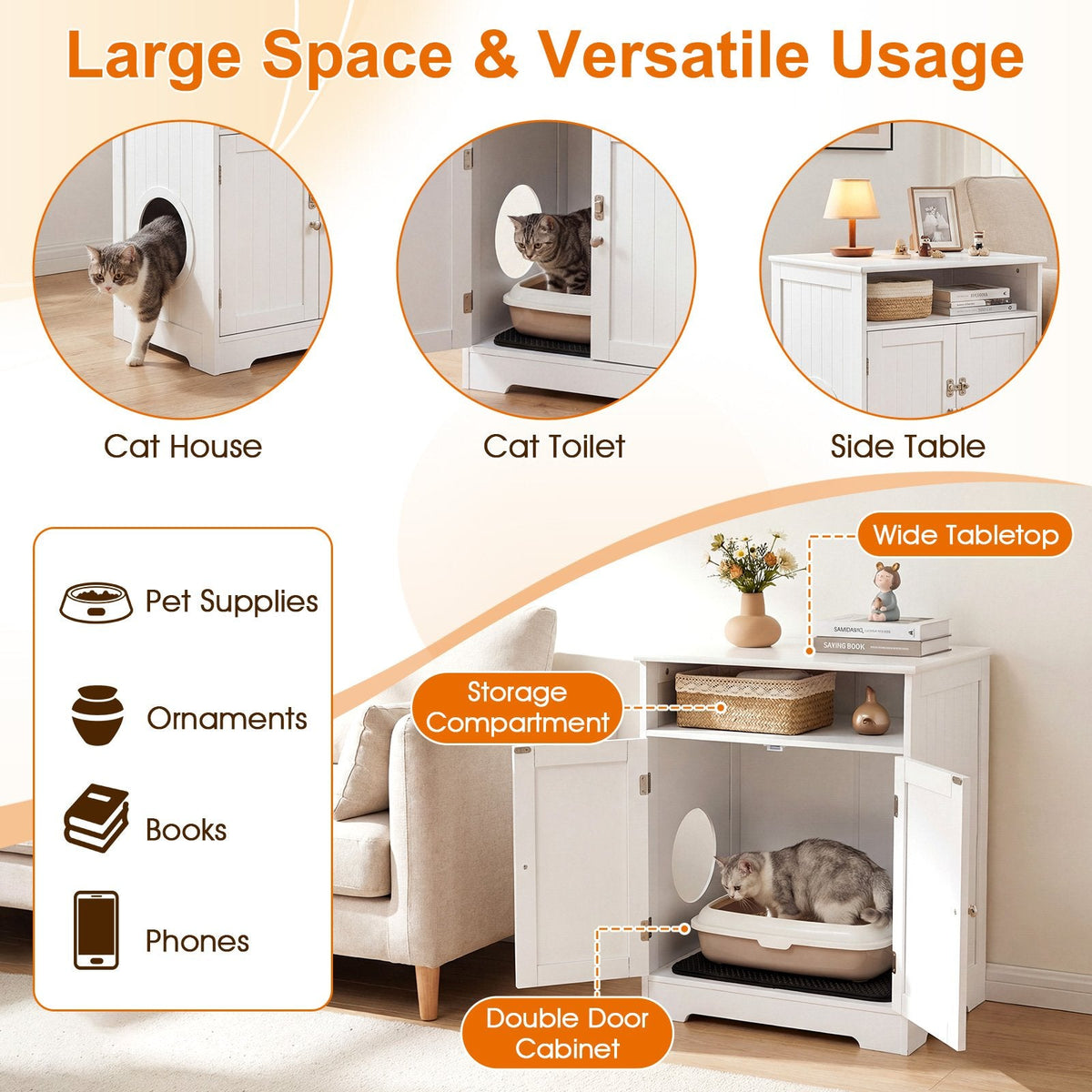 Cat Litter Box Enclosure Wooden Hidden Pet Washroom Furniture-White