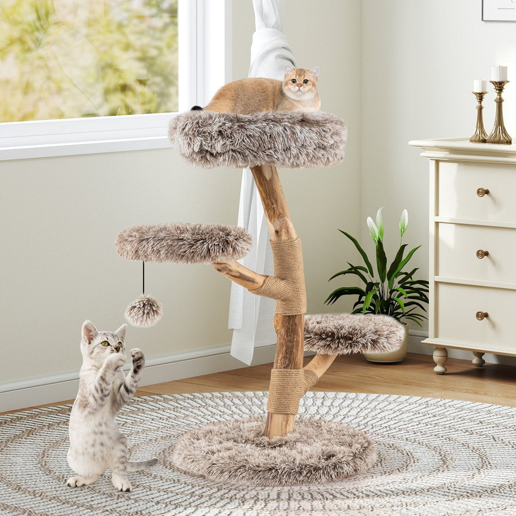 35.5 Inch Pear Wood Cat Tree with Three Plush Platforms and Jute Posts