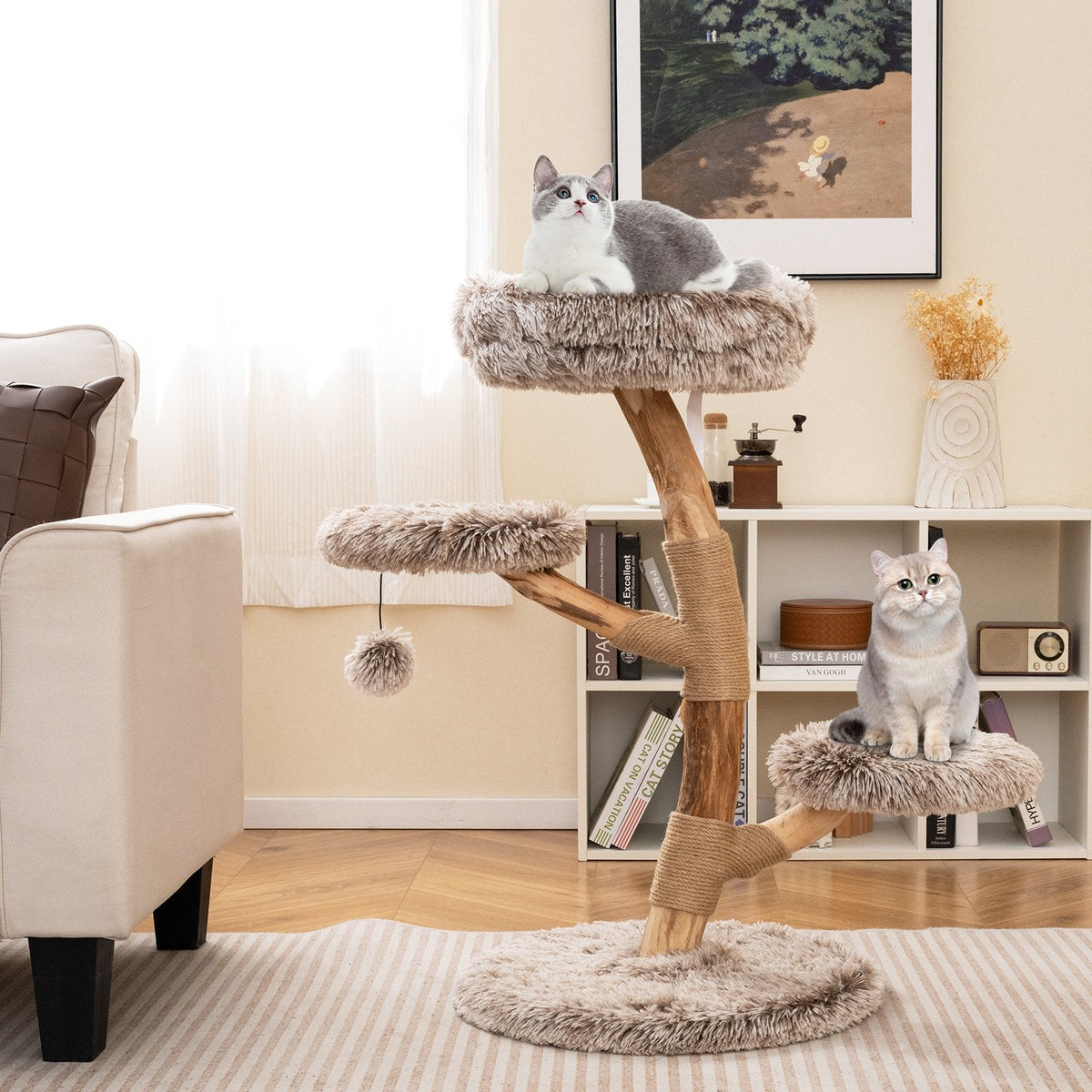 35.5 Inch Pear Wood Cat Tree with Three Plush Platforms and Jute Posts
