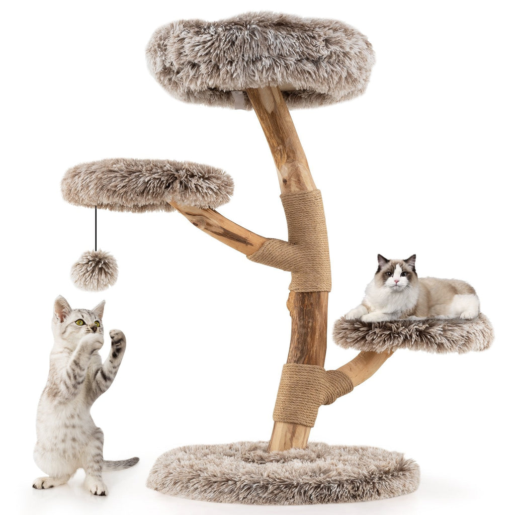 35.5 Inch Pear Wood Cat Tree with Three Plush Platforms and Jute Posts