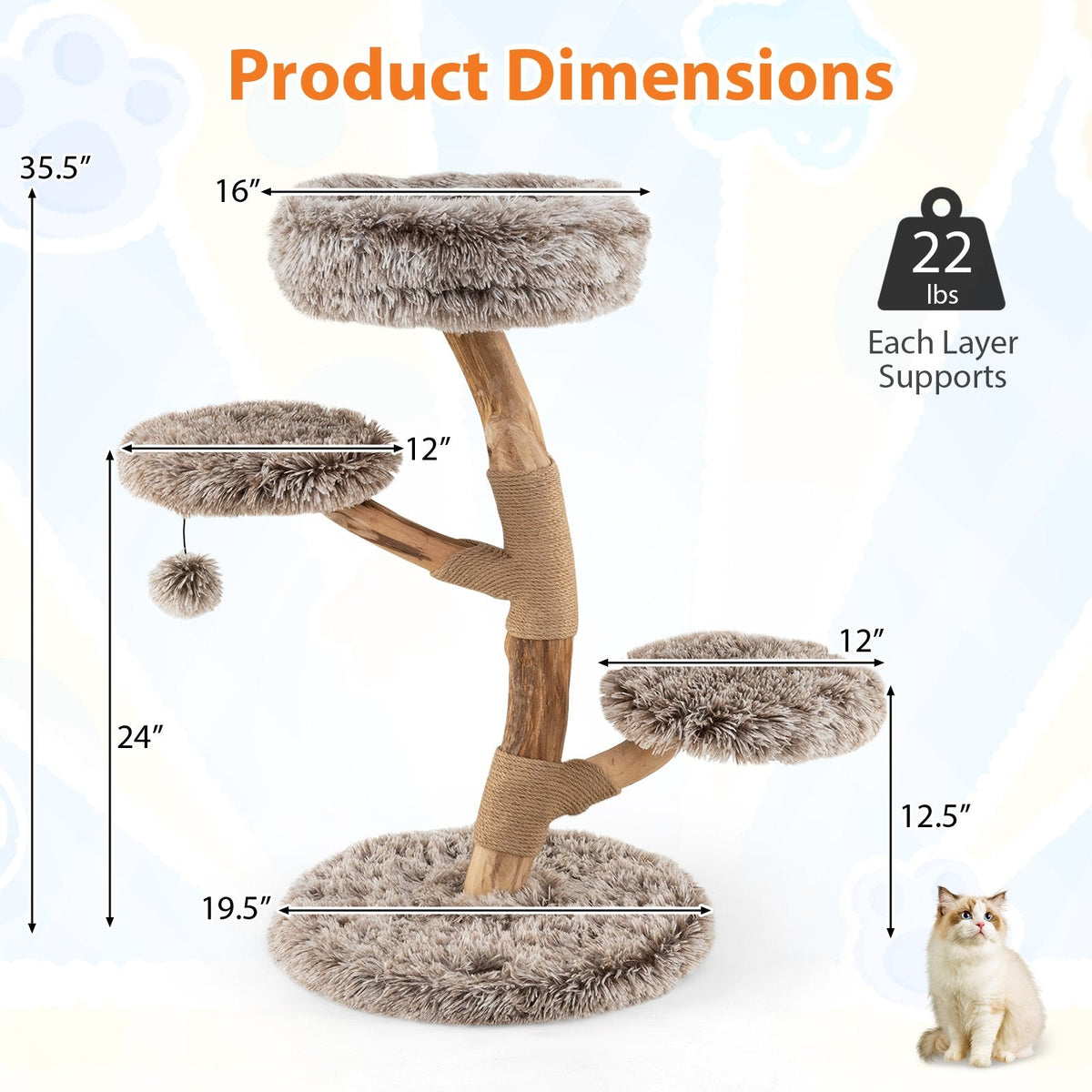35.5 Inch Pear Wood Cat Tree with Three Plush Platforms and Jute Posts
