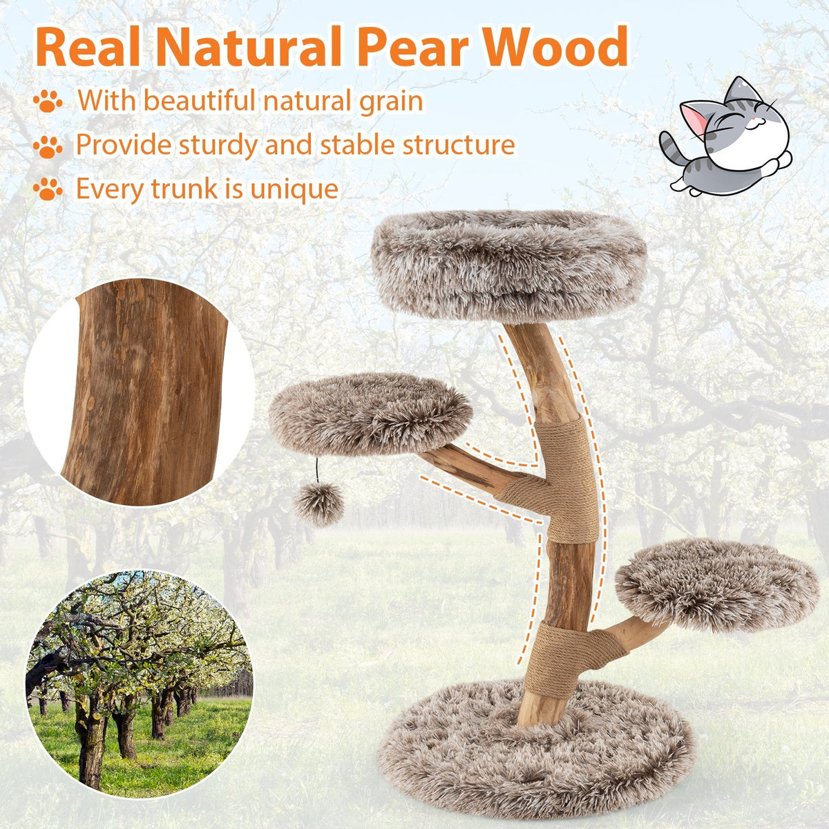 35.5 Inch Pear Wood Cat Tree with Three Plush Platforms and Jute Posts