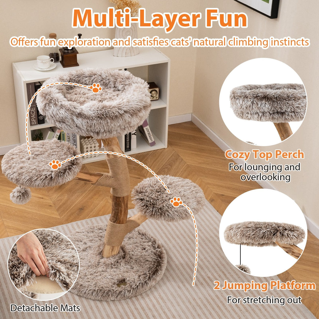 35.5 Inch Pear Wood Cat Tree with Three Plush Platforms and Jute Posts
