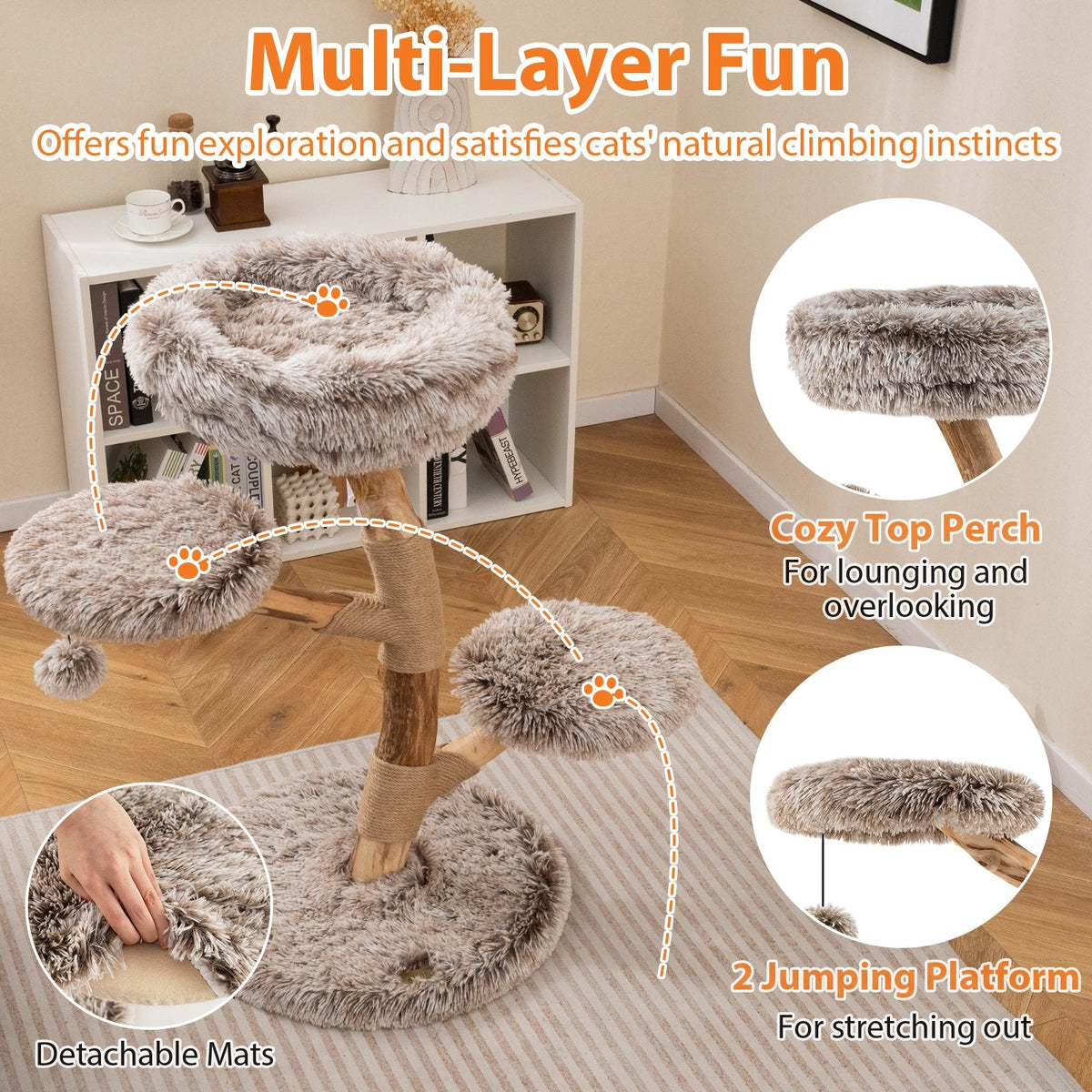 35.5 Inch Pear Wood Cat Tree with Three Plush Platforms and Jute Posts