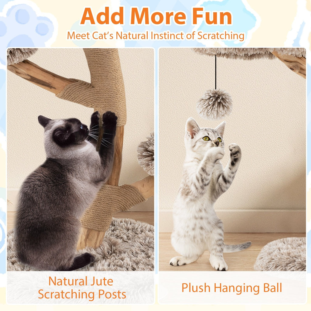 35.5 Inch Pear Wood Cat Tree with Three Plush Platforms and Jute Posts