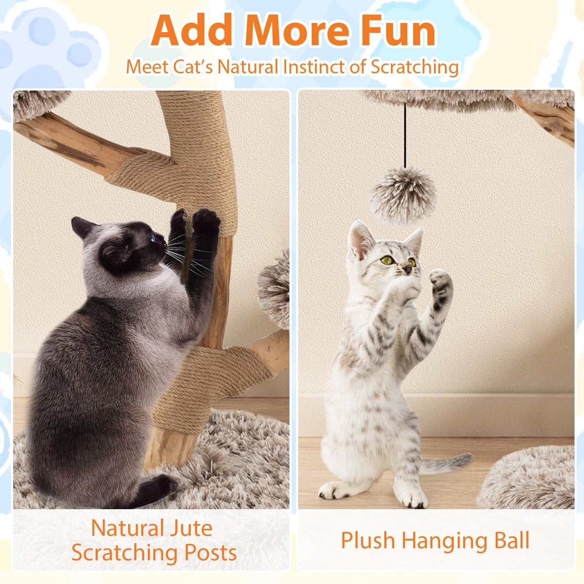 35.5 Inch Pear Wood Cat Tree with Three Plush Platforms and Jute Posts