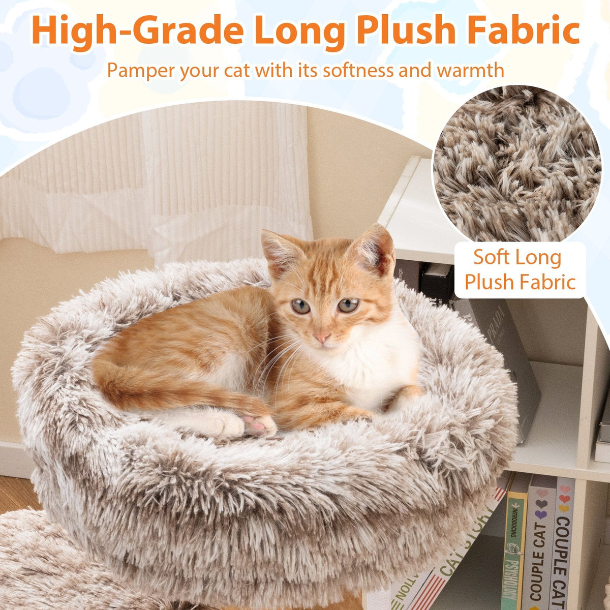 35.5 Inch Pear Wood Cat Tree with Three Plush Platforms and Jute Posts
