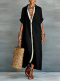 Women’s Summer Short-Sleeve Shirt Dress – Lapel Collar Button-Front Maxi Dress