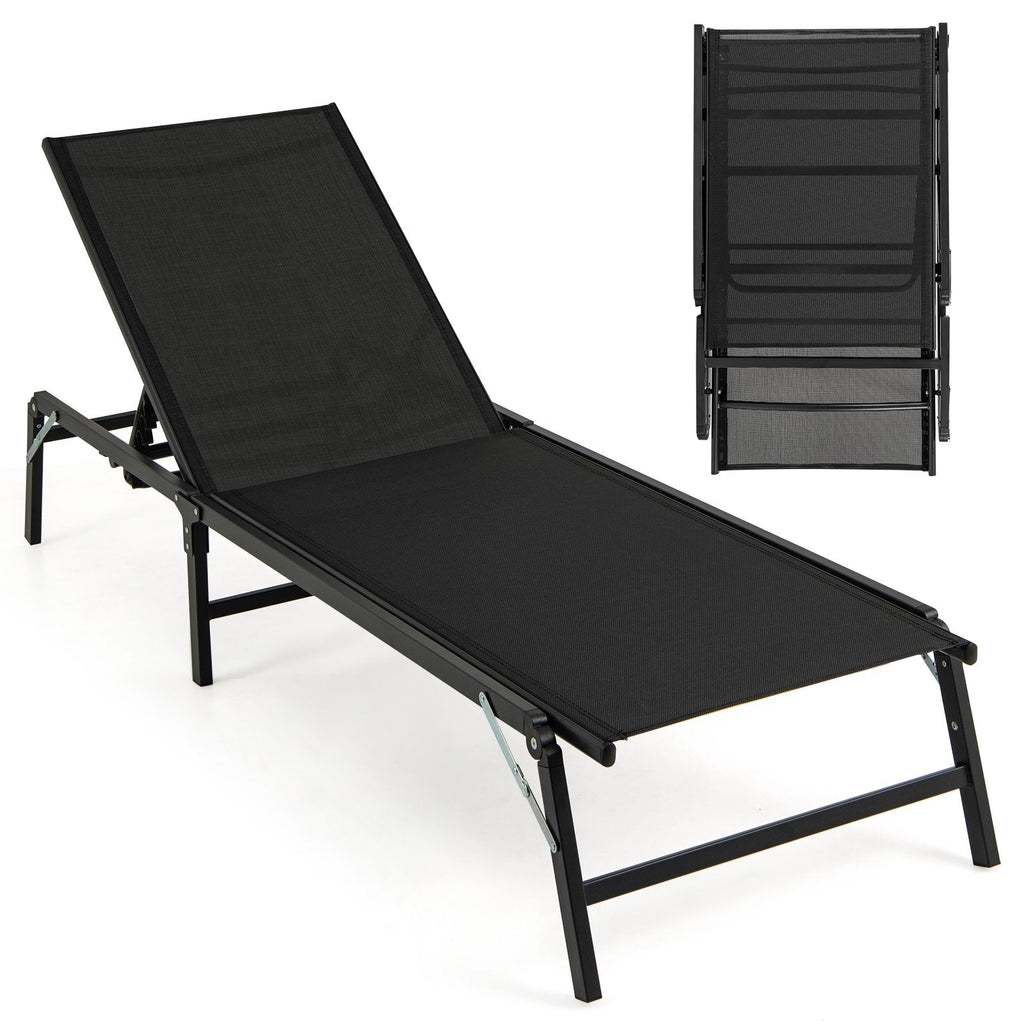 Set of 2 Foldable Chaise Lounges with 5 Level Backrests to Flat, Black