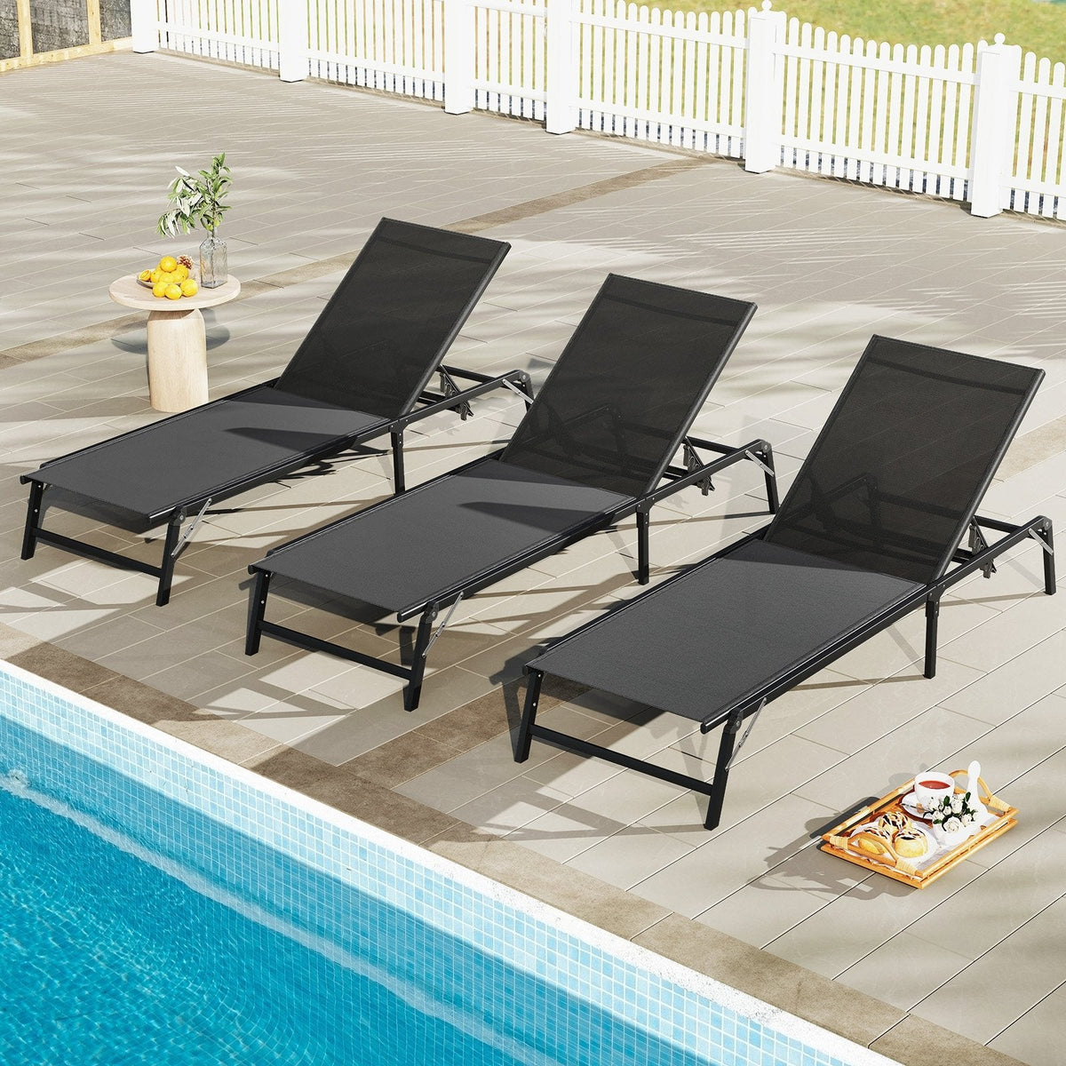 Set of 2 Foldable Chaise Lounges with 5 Level Backrests to Flat, Black
