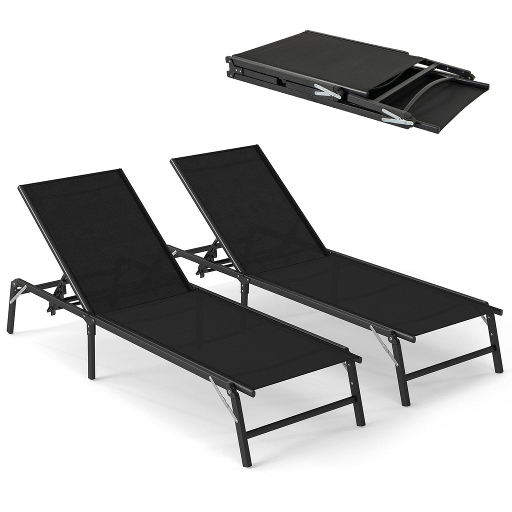 Set of 2 Foldable Chaise Lounges with 5 Level Backrests to Flat, Black