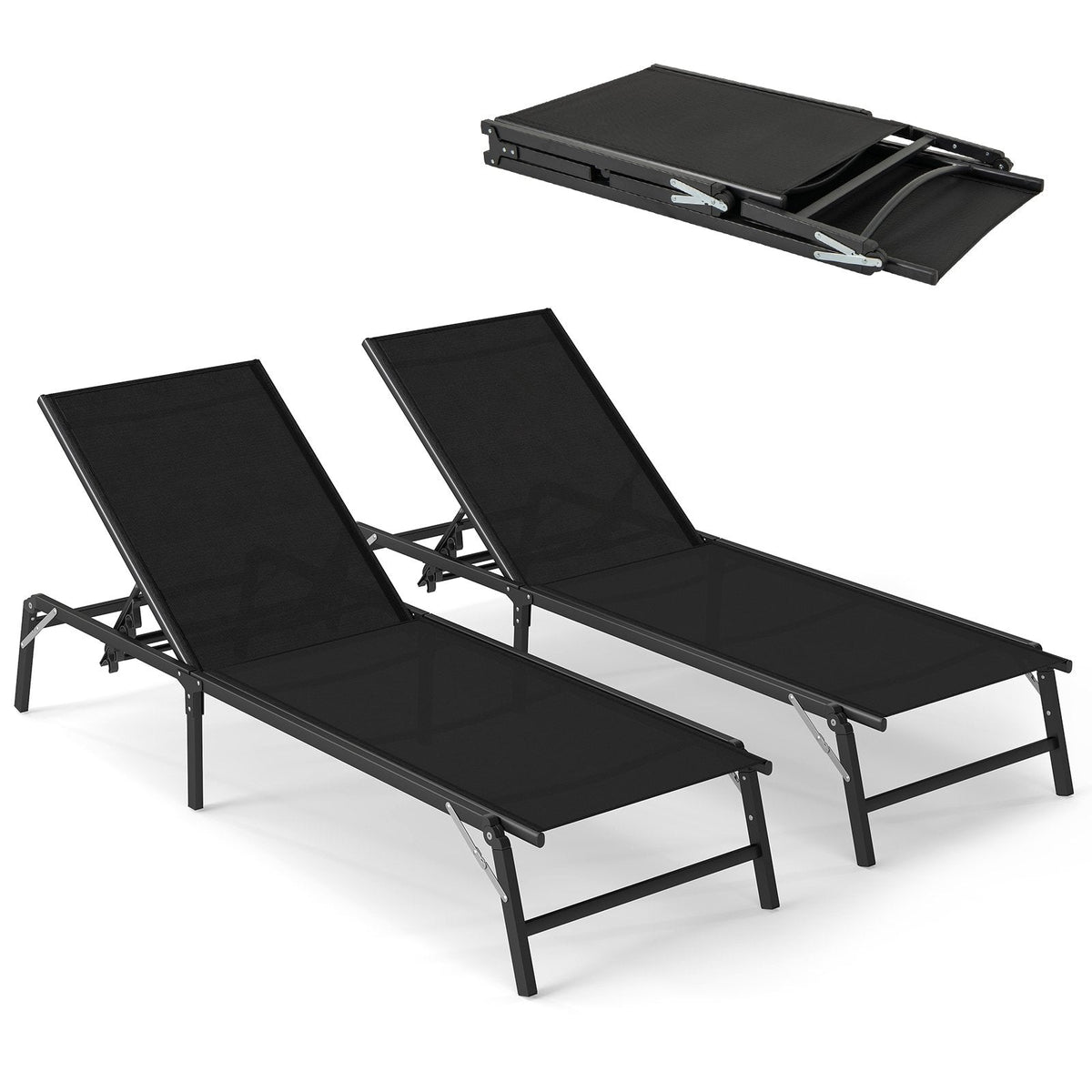 Set of 2 Foldable Chaise Lounges with 5 Level Backrests to Flat, Black