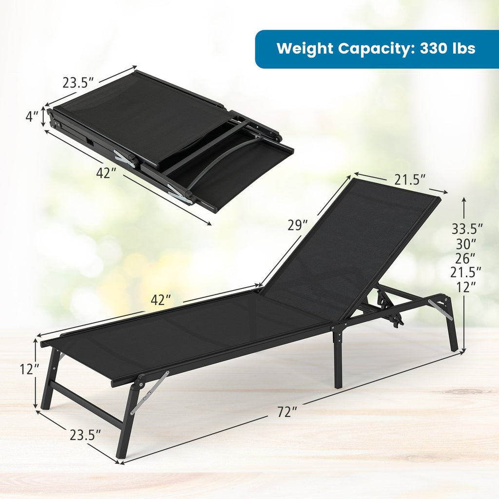 Set of 2 Foldable Chaise Lounges with 5 Level Backrests to Flat, Black