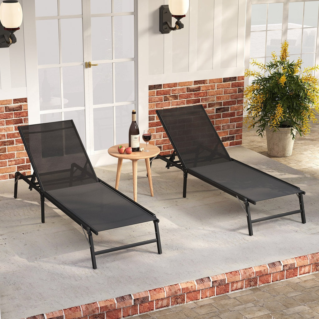 Set of 2 Foldable Chaise Lounges with 5 Level Backrests to Flat, Black