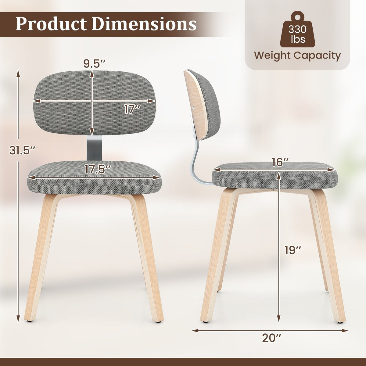Set of 4 Chenille Dining Chairs, Light Grey with Natural Bentwood Legs and X Braced Frame