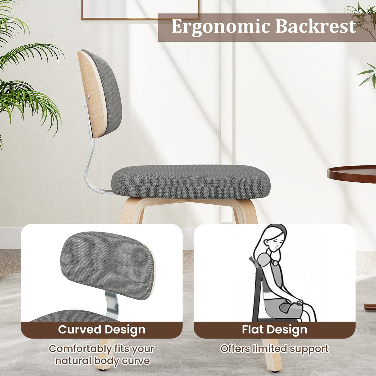 Set of 4 Chenille Dining Chairs, Light Grey with Natural Bentwood Legs and X Braced Frame