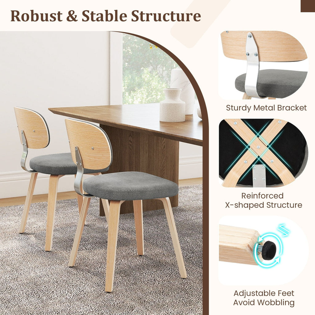 Set of 4 Chenille Dining Chairs, Light Grey with Natural Bentwood Legs and X Braced Frame